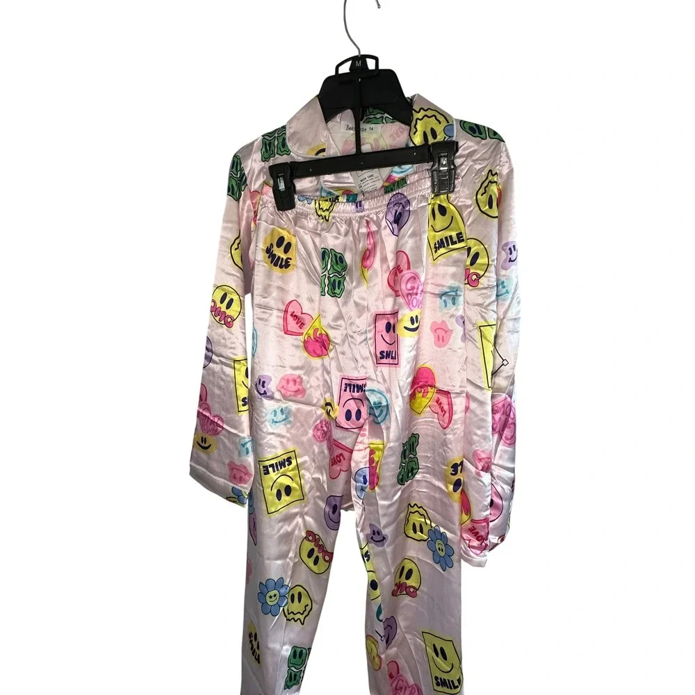 Beezizac Kids Pajama Set Long Sleeve Pants Smiley‎ Face Love Print Size 14